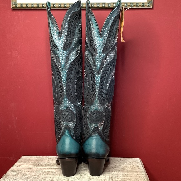 CORRAL Willow Over The Knee Black & Turquoise Western Boots ~3” Heel Inside Zip - Picture 11 of 16